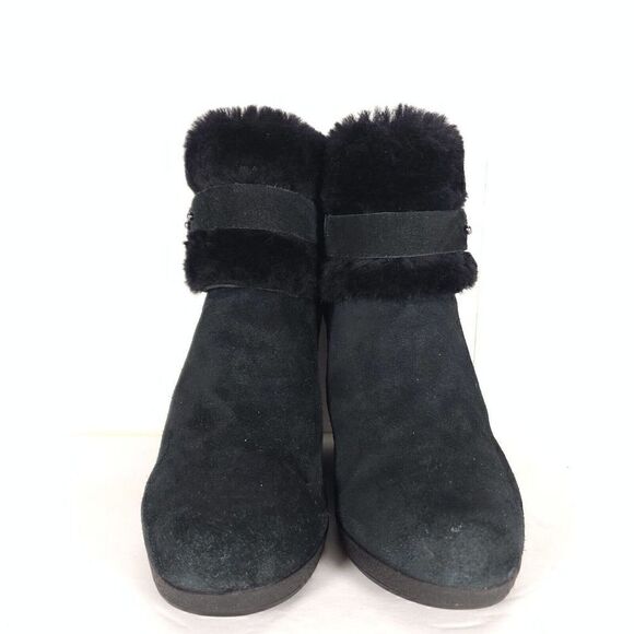 UGG Women's Antonia US 7 Black Suede Fur Cuffed Wedge Ankle Boots Booties - Picture 3 of 11